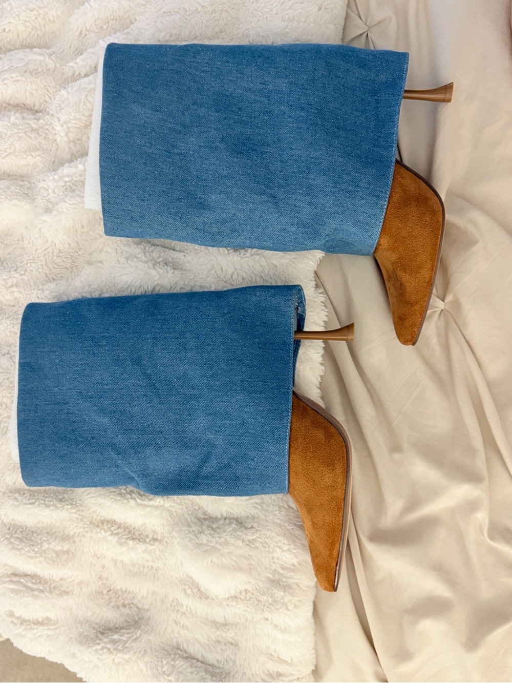 Fashion Nova Denim Knee-High Booties | Camel Suede Toe | Size 7